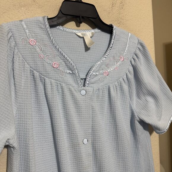 VTG Adonna Blue Snap Front robe House Dress Pockets waffle knit Women's Sz M - Picture 2 of 8